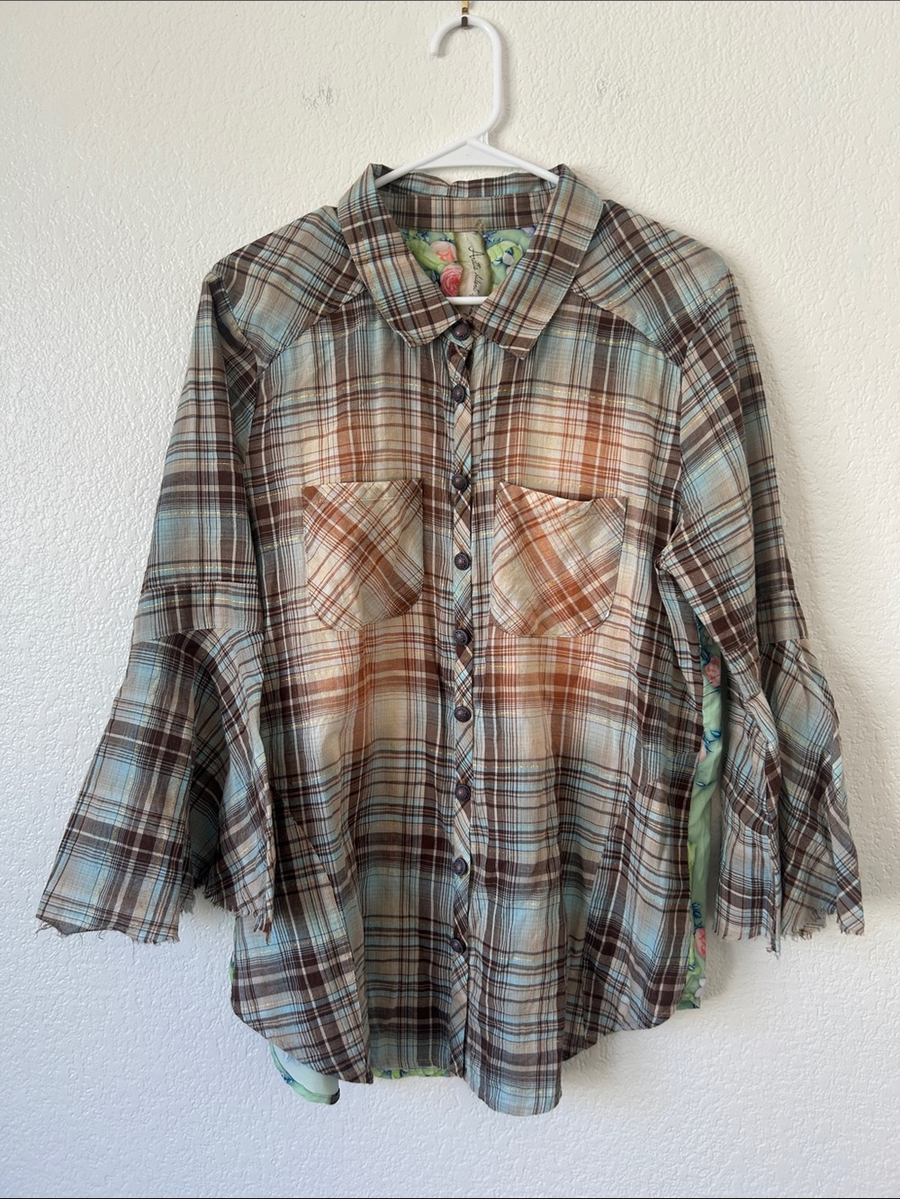 Plaid Button-Down Shirt in Brown & Cream With Floral Sequin Back